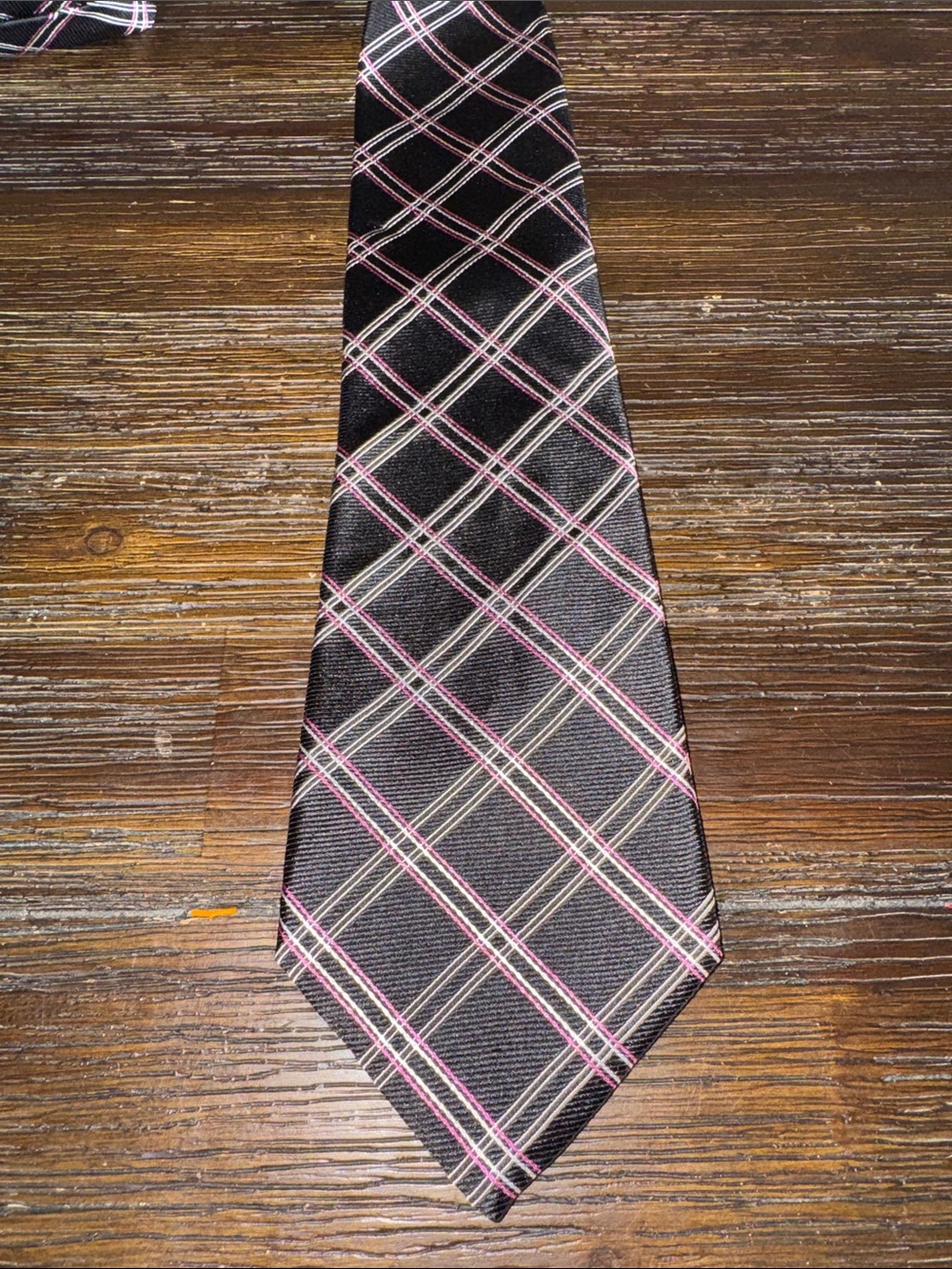 Lauren Ralph Lauren Silk Black Tie with Pink and White Pinstripe Plaid